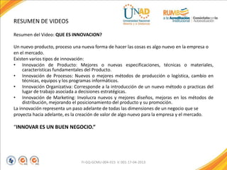 RESUMEN DE VIDEOS
Resumen del Video: QUE ES INNOVACION?
Un nuevo producto, proceso una nueva forma de hacer las cosas es algo nuevo en la empresa o
en el mercado.
Existen varios tipos de innovación:
• Innovación de Producto: Mejores o nuevas especificaciones, técnicas o materiales,
características fundamentales del Producto.
• Innovación de Procesos: Nuevos o mejores métodos de producción o logística, cambio en
técnicas, equipos y los programas informáticos.
• Innovación Organizativa: Corresponde a la introducción de un nuevo método o practicas del
lugar de trabajo asociada a decisiones estratégicas.
• Innovación de Marketing: Involucra nuevos y mejores diseños, mejoras en los métodos de
distribución, mejorando el posicionamiento del producto y su promoción.
La innovación representa un paso adelante de todas las dimensiones de un negocio que se
proyecta hacia adelante, es la creación de valor de algo nuevo para la empresa y el mercado.
“INNOVAR ES UN BUEN NEGOCIO.”
FI-GQ-GCMU-004-015 V. 001-17-04-2013
 