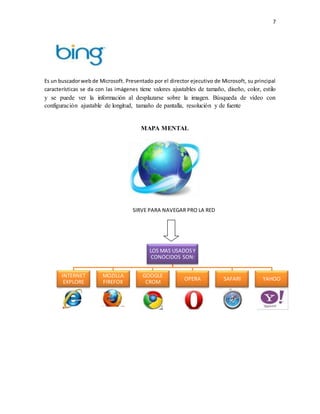 7 
Es un buscador web de Microsoft. Presentado por el director ejecutivo de Microsoft, su principal 
características se da con las imágenes tiene valores ajustables de tamaño, diseño, color, estilo 
y se puede ver la información al desplazarse sobre la imagen. Búsqueda de vídeo con 
configuración ajustable de longitud, tamaño de pantalla, resolución y de fuente 
MAPA MENTAL 
SIRVE PARA NAVEGAR PRO LA RED 
LOS MAS USADOS Y 
CONOCIDOS SON: 
INTERNET 
EXPLORE 
MOZILLA 
FIREFOX 
GOOGLE 
CROM 
OPERA SAFARI YAHOO 
 