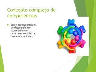 Concepto complejo de
competencias
 Son procesos complejos
de desempeño con
idoneidad en un
determinado contexto,
con responsabilidad.
 