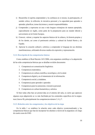 10
i) Desarrollar el espíritu emprendedor y la confianza en sí mismo, la participación, el
sentido crítico, la reflexión, la iniciativa personal y la capacidad para aprender a
aprender, planificar, tomar decisiones y asumir responsabilidades.
j) Comprender y expresarse en una o más lenguas extranjeras de manera apropiada,
especialmente en inglés, como parte de la preparación para un mundo laboral y
universitario en la Unión Europea.
k) Conocer, valorar y respetar los aspectos básicos de la cultura y la historia propias y
de los demás, así como el patrimonio artístico y cultural de Euskal Herria y de
España.
l) Apreciar la creación cultural y artística y comprender el lenguaje de sus distintas
manifestaciones, utilizando diversos medios de expresión y representación.
3.2.2. Descripción de las competencias básicas
Como establece el Real Decreto 1631/2006, esta asignatura contribuye a la adquisición
de las ocho competencias básicas que se detallan en dicho documento:
1. Competencia en comunicación lingüística.
2. Competencia matemática.
3. Competencia en cultura científica, tecnológica y de la salud.
4. Competencia digital y en el tratamiento de la información.
5. Competencia social y ciudadana.
6. Competencia para aprender a aprender.
7. Competencia para la autonomía e iniciativa personal.
8. Competencia en cultura humanística y artística.
Si bien todas ellas han ser promovidas en el entorno del aula, es cierto que aparecen
algunas cuya adquisición se ve más facilitada por los contenidos específicos de la asigna-
tura (Anexo II), principalmente las competencias número 3, 4 y 7.
3.2.3. Relación entre las competencias y los objetivos de la etapa
En la tabla 1 se establece la relación entre cada objetivo (contextualizado) y las
competencias básicas que han de incorporar los alumnos a través de la asignatura a lo largo
de cuarto curso de ESO:
 