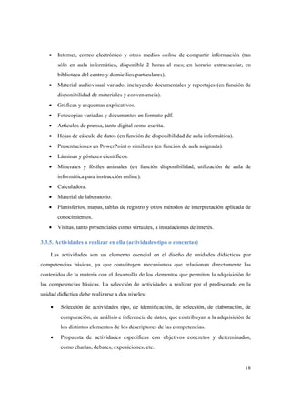 18
 Internet, correo electrónico y otros medios online de compartir información (tan
sólo en aula informática, disponible 2 horas al mes; en horario extraescolar, en
biblioteca del centro y domicilios particulares).
 Material audiovisual variado, incluyendo documentales y reportajes (en función de
disponibilidad de materiales y conveniencia).
 Gráficas y esquemas explicativos.
 Fotocopias variadas y documentos en formato pdf.
 Artículos de prensa, tanto digital como escrita.
 Hojas de cálculo de datos (en función de disponibilidad de aula informática).
 Presentaciones en PowerPoint o similares (en función de aula asignada).
 Láminas y pósteres científicos.
 Minerales y fósiles animales (en función disponibilidad; utilización de aula de
informática para instrucción online).
 Calculadora.
 Material de laboratorio.
 Planisferios, mapas, tablas de registro y otros métodos de interpretación aplicada de
conocimientos.
 Visitas, tanto presenciales como virtuales, a instalaciones de interés.
3.3.5. Actividades a realizar en ella (actividades-tipo o concretas)
Las actividades son un elemento esencial en el diseño de unidades didácticas por
competencias básicas, ya que constituyen mecanismos que relacionan directamente los
contenidos de la materia con el desarrollo de los elementos que permiten la adquisición de
las competencias básicas. La selección de actividades a realizar por el profesorado en la
unidad didáctica debe realizarse a dos niveles:
 Selección de actividades tipo, de identificación, de selección, de elaboración, de
comparación, de análisis e inferencia de datos, que contribuyan a la adquisición de
los distintos elementos de los descriptores de las competencias.
 Propuesta de actividades específicas con objetivos concretos y determinados,
como charlas, debates, exposiciones, etc.
 