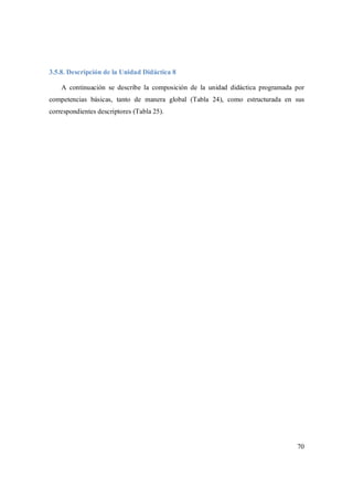 70
3.5.8. Descripción de la Unidad Didáctica 8
A continuación se describe la composición de la unidad didáctica programada por
competencias básicas, tanto de manera global (Tabla 24), como estructurada en sus
correspondientes descriptores (Tabla 25).
 