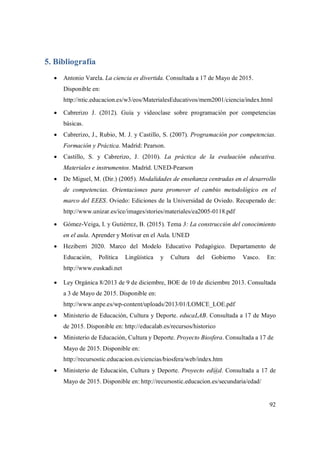 92
5. Bibliografía
 Antonio Varela. La ciencia es divertida. Consultada a 17 de Mayo de 2015.
Disponible en:
http://ntic.educacion.es/w3/eos/MaterialesEducativos/mem2001/ciencia/index.html
 Cabrerizo J. (2012). Guía y videoclase sobre programación por competencias
básicas.
 Cabrerizo, J., Rubio, M. J. y Castillo, S. (2007). Programación por competencias.
Formación y Práctica. Madrid: Pearson.
 Castillo, S. y Cabrerizo, J. (2010). La práctica de la evaluación educativa.
Materiales e instrumentos. Madrid. UNED-Pearson
 De Miguel, M. (Dir.) (2005). Modalidades de enseñanza centradas en el desarrollo
de competencias. Orientaciones para promover el cambio metodológico en el
marco del EEES. Oviedo: Ediciones de la Universidad de Oviedo. Recuperado de:
http://www.unizar.es/ice/images/stories/materiales/ea2005-0118.pdf
 Gómez-Veiga, I. y Gutiérrez, B. (2015). Tema 3: La construcción del conocimiento
en el aula. Aprender y Motivar en el Aula. UNED
 Heziberri 2020. Marco del Modelo Educativo Pedagógico. Departamento de
Educación, Política Lingüística y Cultura del Gobierno Vasco. En:
http://www.euskadi.net
 Ley Orgánica 8/2013 de 9 de diciembre, BOE de 10 de diciembre 2013. Consultada
a 3 de Mayo de 2015. Disponible en:
http://www.anpe.es/wp-content/uploads/2013/01/LOMCE_LOE.pdf
 Ministerio de Educación, Cultura y Deporte. educaLAB. Consultada a 17 de Mayo
de 2015. Disponible en: http://educalab.es/recursos/historico
 Ministerio de Educación, Cultura y Deporte. Proyecto Biosfera. Consultada a 17 de
Mayo de 2015. Disponible en:
http://recursostic.educacion.es/ciencias/biosfera/web/index.htm
 Ministerio de Educación, Cultura y Deporte. Proyecto ed@d. Consultada a 17 de
Mayo de 2015. Disponible en: http://recursostic.educacion.es/secundaria/edad/
 