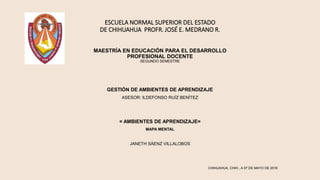 ESCUELA NORMAL SUPERIOR DEL ESTADO
DE CHIHUAHUA PROFR. JOSÉ E. MEDRANO R.
MAESTRÍA EN EDUCACIÓN PARA EL DESARROLLO
PROFESIONAL DOCENTE
SEGUNDO SEMESTRE
GESTIÓN DE AMBIENTES DE APRENDIZAJE
ASESOR: ILDEFONSO RUÍZ BENÍTEZ
= AMBIENTES DE APRENDIZAJE=
MAPA MENTAL
JANETH SÁENZ VILLALOBOS
CHIHUAHUA, CHIH., A 07 DE MAYO DE 2016
 