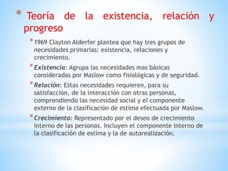 * Teoría de la existencia, relación y
progreso
*1969 Clayton Alderfer plantea que hay tres grupos de
necesidades primarias: existencia, relaciones y
crecimiento.
*Existencia: Agrupa las necesidades mas básicas
consideradas por Maslow como fisiológicas y de seguridad.
*Relación: Estas necesidades requieren, para su
satisfacción, de la interacción con otras personas,
comprendiendo las necesidad social y el componente
externo de la clasificación de estima efectuada por Maslow.
*Crecimiento: Representado por el deseo de crecimiento
interno de las personas. Incluyen el componente interno de
la clasificación de estima y la de autorealización.
 