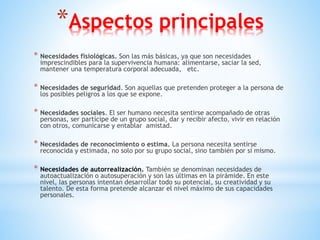 *Aspectos principales
* Necesidades fisiológicas. Son las más básicas, ya que son necesidades
imprescindibles para la supervivencia humana: alimentarse, saciar la sed,
mantener una temperatura corporal adecuada, etc.
* Necesidades de seguridad. Son aquellas que pretenden proteger a la persona de
los posibles peligros a los que se expone.
* Necesidades sociales. El ser humano necesita sentirse acompañado de otras
personas, ser partícipe de un grupo social, dar y recibir afecto, vivir en relación
con otros, comunicarse y entablar amistad.
* Necesidades de reconocimiento o estima. La persona necesita sentirse
reconocida y estimada, no solo por su grupo social, sino también por sí mismo.
* Necesidades de autorrealización. También se denominan necesidades de
autoactualización o autosuperación y son las últimas en la pirámide. En este
nivel, las personas intentan desarrollar todo su potencial, su creatividad y su
talento. De esta forma pretende alcanzar el nivel máximo de sus capacidades
personales.
 