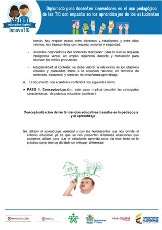 común, hay respeto mutuo entre docentes y estudiantes, y entre ellos
mismos; hay intercambios con respeto, armonía y seguridad.
- Docentes conocedores del contenido disciplinar: para lo cual se requiere
inteligencia verbal, un amplio repertorio docente y motivación para
alcanzar las metas propuestas.
- Adaptabilidad al contexto: se debe valorar la relevancia de los objetivos
actuales y planeados frente a la situación nacional, en términos de
contenido, estructura y contexto de enseñanza-aprendizaje.
4. El documento con el análisis contendrá los siguientes ítems:
● PASO 1. Conceptualización: este paso implica describir las principales
características de práctica educativa (contexto).
Conceptualización de las tendencias educativas basadas en la pedagogía
y el aprendizaje
Se utilizan el aprendizaje vivencial y con las herramientas que nos brinda el
entorno educativo ya sé que se nos presentan diferentes situaciones que
podamos utilizar para que el estudiante aprenda cada día mas tanto en lo
práctico como teórico dándole un enfoque diferencial
 