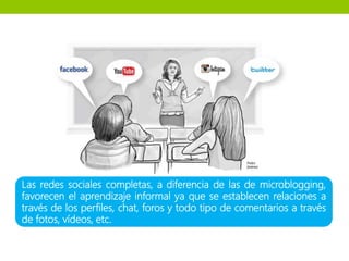 Las redes sociales completas, a diferencia de las de microblogging,
favorecen el aprendizaje informal ya que se establecen relaciones a
través de los perfiles, chat, foros y todo tipo de comentarios a través
de fotos, vídeos, etc.
 