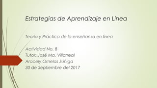 Estrategias de Aprendizaje en Línea
Teoría y Práctica de la enseñanza en línea
Actividad No. 8
Tutor: José Ma. Villarreal
Aracely Ornelas Zúñiga
30 de Septiembre del 2017
 