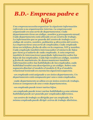 B.D.- Empresa padre e
hijo
Una empresanecesitaorganizar la siguiente información
referente a su organización interna. La empresaestá
organizado en una serie de departamentos. Cada
departamento tiene un código, nombre y presupuesto anual.
Cada departamento está ubicado en un centro de trabajo.
La información que se guarda del centro de trabajo es el
código de centro, nombre, población y dirección del centro.
La empresatiene una serie de empleados.Cada empleado
tiene un teléfono,fecha de alta en la empresa,NIF y nombre.
Cada empleado también interesasaber el número de hijos
que tiene y el salario de cada empleado. A esta empresa
también le interesatenerguardado información sobre los
hijos de los empleados. Cada hijo tendrá un código, nombre
y fecha de nacimiento.Se desea mantenertambién
información sobre las habilidades de los empleados,cada
habilidad tendrá una descripción y un código. Sobre este
supuesto diseñar el modelo el modelo E/R y el modelo
relacional teniendo en cuenta los siguientes aspectos.
-un empleado está asignado a un único departamento. Un
departamento está compuesto por uno o más empleados.
-cada departamento se ubica en un único centro de trabajo.
Estos se componen de uno o más departamentos.
-un empleado puede tener varios hijos.
-un empleado puede tener varias habilidades y una misma
habilidad puede ser poseída por empleados diferentes.
-un centro de trabajo es dirigido por un empleado.Un
mismo empleado puede dirigir cetros de trabajo distintos.
 