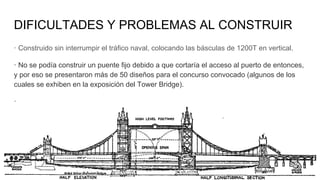 DIFICULTADES Y PROBLEMAS AL CONSTRUIR
· Construido sin interrumpir el tráfico naval, colocando las básculas de 1200T en vertical.
· No se podía construir un puente fijo debido a que cortaría el acceso al puerto de entonces,
y por eso se presentaron más de 50 diseños para el concurso convocado (algunos de los
cuales se exhiben en la exposición del Tower Bridge).
·
 