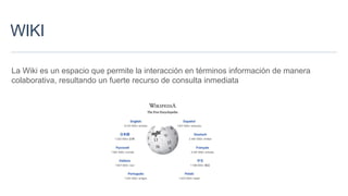 WIKI
La Wiki es un espacio que permite la interacción en términos información de manera
colaborativa, resultando un fuerte recurso de consulta inmediata
 