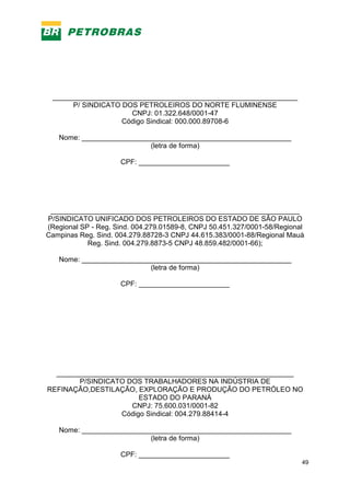 49
______________________________________________________________
P/ SINDICATO DOS PETROLEIROS DO NORTE FLUMINENSE
CNPJ: 01.322.648/0001-47
Código Sindical: 000.000.89708-6
Nome: _____________________________________________________
(letra de forma)
CPF: _______________________
_______________________________________________________________
P/SINDICATO UNIFICADO DOS PETROLEIROS DO ESTADO DE SÃO PAULO
(Regional SP - Reg. Sind. 004.279.01589-8, CNPJ 50.451.327/0001-58/Regional
Campinas Reg. Sind. 004.279.88728-3 CNPJ 44.615.383/0001-88/Regional Mauá
Reg. Sind. 004.279.8873-5 CNPJ 48.859.482/0001-66);
Nome: _____________________________________________________
(letra de forma)
CPF: _______________________
____________________________________________________________
P/SINDICATO DOS TRABALHADORES NA INDÚSTRIA DE
REFINAÇÃO,DESTILAÇÃO, EXPLORAÇÃO E PRODUÇÃO DO PETRÓLEO NO
ESTADO DO PARANÁ
CNPJ: 75.600.031/0001-82
Código Sindical: 004.279.88414-4
Nome: _____________________________________________________
(letra de forma)
CPF: _______________________
 