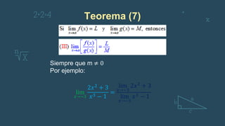 Teorema (7)
Siempre que m ≠ 0
Por ejemplo:
lim
𝑥→−3
2𝑥2 + 3
𝑥3 − 1
=
lim
𝑥→−3
2𝑥2 + 3
lim
𝑥→−3
𝑥3 − 1
 