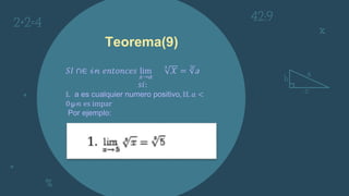 Teorema(9)
𝑆𝐼 ∩∈ 𝒾𝓃 𝑒𝑛𝑡𝑜𝑛𝑐𝑒𝑠 lim
𝓍→𝛼
3
𝒳 = ∛a
𝑠𝑖:
𝕚. a es cualquier numero positivo, 𝕚𝕚. 𝑎 <
0𝓎𝓃 es impar
Por ejemplo:
 