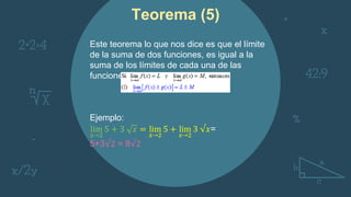 Teorema (5)
Este teorema lo que nos dice es que el límite
de la suma de dos funciones, es igual a la
suma de los límites de cada una de las
funciones.
Ejemplo:
lim
𝑥→2
5 + 3 𝑥 = lim
𝑥→2
5 + lim
𝑥→2
3 √𝑥=
5+3√2 = 8√2
 