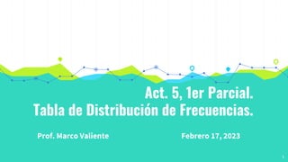 Act. 5, 1er Parcial.
Tabla de Distribución de Frecuencias.
Prof. Marco Valiente Febrero 17, 2023
1
 