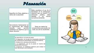 8
Especifica los fines, objetivos y
metas de la educación
Debe considerar el uso de la
tecnología en la pedagogía,
mientras que en cuanto a su
dimensión política, debe
atender a los marcos
normativos existentes
Herramientas fundamental en
la organización del trabajo
docente, pues permite
establecer los objetivos que se
desea alcanzar
Tomar en cuenta las
características personales de
cada uno de los estudiantes.
Se desarrolla en una serie de pasos:
1.El diagnóstico, se vinculan las necesidades educativas,
las condiciones de aprendizaje y los factores externos
2. Análisis de la naturaleza del problema
3. La implantación, que es la puesta en marcha del
planeamiento educativo.
4. Evaluación, se establecen balances para analizar el
éxito del proceso y sus resultados.
 