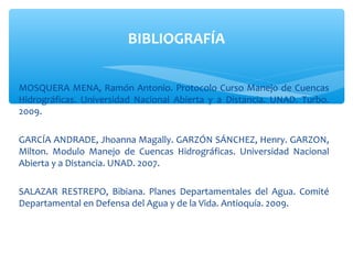 BIBLIOGRAFÍA


MOSQUERA MENA, Ramón Antonio. Protocolo Curso Manejo de Cuencas
Hidrográficas. Universidad Nacional Abierta y a Distancia. UNAD. Turbo.
2009.

GARCÍA ANDRADE, Jhoanna Magally. GARZÓN SÁNCHEZ, Henry. GARZON,
Milton. Modulo Manejo de Cuencas Hidrográficas. Universidad Nacional
Abierta y a Distancia. UNAD. 2007.

SALAZAR RESTREPO, Bibiana. Planes Departamentales del Agua. Comité
Departamental en Defensa del Agua y de la Vida. Antioquía. 2009.
 