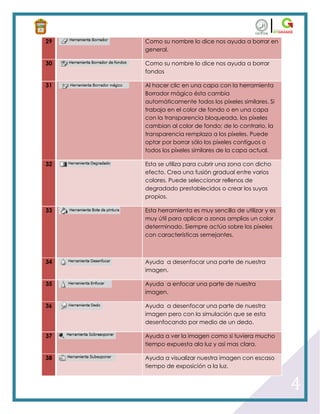 29   Como su nombre lo dice nos ayuda a borrar en
     general.

30   Como su nombre lo dice nos ayuda a borrar
     fondos

31   Al hacer clic en una capa con la herramienta
     Borrador mágico ésta cambia
     automáticamente todos los píxeles similares. Si
     trabaja en el color de fondo o en una capa
     con la transparencia bloqueada, los píxeles
     cambian al color de fondo; de lo contrario, la
     transparencia remplaza a los píxeles. Puede
     optar por borrar sólo los píxeles contiguos o
     todos los píxeles similares de la capa actual.

32   Esta se utiliza para cubrir una zona con dicho
     efecto. Crea una fusión gradual entre varios
     colores. Puede seleccionar rellenos de
     degradado prestablecidos o crear los suyos
     propios.

33   Esta herramienta es muy sencilla de utilizar y es
     muy útil para aplicar a zonas amplias un color
     determinado. Siempre actúa sobre los pixeles
     con características semejantes.



34   Ayuda a desenfocar una parte de nuestra
     imagen.

35   Ayuda a enfocar una parte de nuestra
     imagen.

36   Ayuda a desenfocar una parte de nuestra
     imagen pero con la simulación que se esta
     desenfocando por medio de un dedo.

37   Ayuda a ver la imagen como si tuviera mucho
     tiempo expuesta ala luz y así mas clara.

38   Ayuda a visualizar nuestra imagen con escaso
     tiempo de exposición a la luz.


                                                         4
 