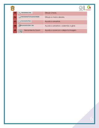 55                      Dibuja Líneas.

56                      Dibuja a mano alzada.

57                      Ayuda a arrastrar.

58                      Ayuda a arrastrar y además a girar.

59   Herramienta Zoom   Ayuda a acercar o alejar la imagen.




                                                              6
 