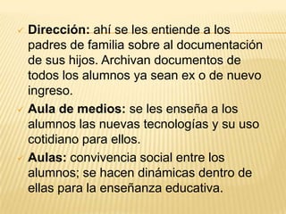 Dirección: ahí se les entiende a los padres de familia sobre al documentación de sus hijos. Archivan documentos de todos los alumnos ya sean ex o de nuevo ingreso.