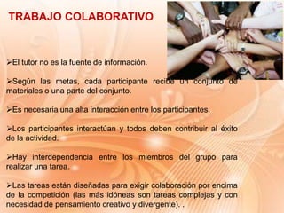 TRABAJO COLABORATIVO
El tutor no es la fuente de información.
Según las metas, cada participante recibe un conjunto de
materiales o una parte del conjunto.
Es necesaria una alta interacción entre los participantes.
Los participantes interactúan y todos deben contribuir al éxito
de la actividad.
Hay interdependencia entre los miembros del grupo para
realizar una tarea.
Las tareas están diseñadas para exigir colaboración por encima
de la competición (las más idóneas son tareas complejas y con
necesidad de pensamiento creativo y divergente). .
 