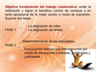 Objetivo fundamental del trabajo colaborativo: evitar la
reiteración y lograr el beneficio común de construir y en
tanto apropiarse de la mejor acción o modo de expresión.
Supone dos fases.
- La asignación de roles
FASE 1 - La asignación de tareas
Desenvolvimiento de las actividades.
FASE 2
Participantes enfocar sus intervenciones por
medio de discusiones o debates, justificados y
pertinentes.
 