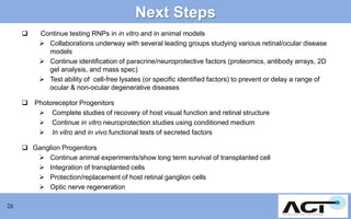 Next Steps


Continue testing RNPs in in vitro and in animal models
 Collaborations underway with several leading groups studying various retinal/ocular disease
models
 Continue identification of paracrine/neuroprotective factors (proteomics, antibody arrays, 2D
gel analysis, and mass spec)
 Test ability of cell-free lysates (or specific identified factors) to prevent or delay a range of
ocular & non-ocular degenerative diseases

 Photoreceptor Progenitors
 Complete studies of recovery of host visual function and retinal structure
 Continue in vitro neuroprotection studies using conditioned medium
 In vitro and in vivo functional tests of secreted factors
 Ganglion Progenitors
 Continue animal experiments/show long term survival of transplanted cell
 Integration of transplanted cells
 Protection/replacement of host retinal ganglion cells
 Optic nerve regeneration
26

 