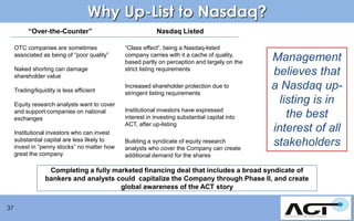 Why Up-List to Nasdaq?
“Over-the-Counter”
OTC companies are sometimes
associated as being of “poor quality”
Naked shorting can damage
shareholder value
Trading/liquidity is less efficient
Equity research analysts want to cover
and support companies on national
exchanges
Institutional investors who can invest
substantial capital are less likely to
invest in “penny stocks” no matter how
great the company

Nasdaq Listed
“Class effect”, being a Nasdaq-listed
company carries with it a cache of quality,
based partly on perception and largely on the
strict listing requirements
Increased shareholder protection due to
stringent listing requirements
Institutional investors have expressed
interest in investing substantial capital into
ACT, after up-listing
Building a syndicate of equity research
analysts who cover the Company can create
additional demand for the shares

Management
believes that
a Nasdaq uplisting is in
the best
interest of all
stakeholders

Completing a fully marketed financing deal that includes a broad syndicate of
bankers and analysts could capitalize the Company through Phase II, and create
global awareness of the ACT story
37

 