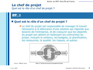 Quel est le rôle d’un chef de projet ? Le chef de projet est responsable de manager le travail nécessaire à la délivrance d’une solution qui réponde aux besoins de l’entreprise, et de s’assurer que les objectifs du projet son atteint en balançant les contraintes du projet, incluant le contenu, les budgets, la planification, les ressources, la qualité, les risques, et autres. Le chef de projet Quel est le rôle d’un chef de projet ? Source : PMBOK ®  Guide 