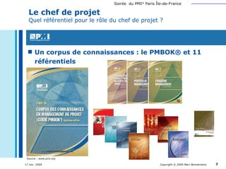 Un corpus de connaissances : le PMBOK® et 11 référentiels Le chef de projet Quel référentiel pour le rôle du chef de projet ? Source : www.pmi.org 