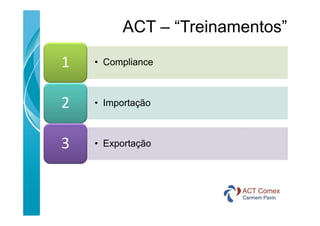 ACT – “Treinamentos”
1

• Compliance

2

• Importação

3

• Exportação

 