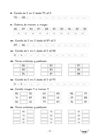 8.-   Escribe de 2 en 2 desde 90 al 0
      90 - 88 -            -       -        -            -           -           -       -        -        -

9.-   Ordena de menor. a mayor
      86 - 89 - 83 - 87 - 88 - 81 - 80 - 84 - 82 - 85
         <        <        <       <        <                <           <           <        <        <


10.-   Escribe de 3 en 3 desde el 89 al 0
      89 - 86 -       -    -     -    -                              -           -       -        -        -
11.-   Escribe de 4 en 4 desde el 0 al 88
      0 - 4 -          -       -       -           -             -           -       -        -        -
12.-   Poner anterior y posterior:
             86                                    82                                             87
             80                                    83                                             85
             84                                    81                                             88
13.-   Escribe de 5 en 5 desde el 0 al 90
      0 - 5 -          -       -       -            -            -               -       -        -        -
14.-   Escribe mayor > o menor <
       85             55               65                        80                      86                39
       74             89               83                        45                      39                88
       56             45               79                        87                      16                81
15.-   Poner anterior y posterior:
             80                                    70                                             20
             70                                    50                                             30
             81                                    79                                             79
             51                                    41                                             31


                                                - 18 -
 