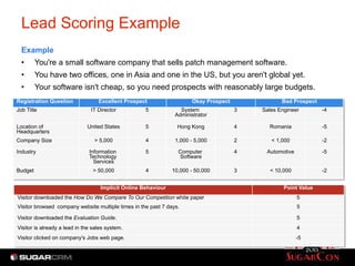 Lead Scoring Example
Example
•  You're a small software company that sells patch management software.
•  You have two offices, one in Asia and one in the US, but you aren't global yet.
•  Your software isn't cheap, so you need prospects with reasonably large budgets.
Registration Question Excellent Prospect Okay Prospect Bad Prospect
Job Title IT Director 5 System
Administrator
3 Sales Engineer -4
Location of
Headquarters
United States 5 Hong Kong 4 Romania -5
Company Size > 5,000 4 1,000 - 5,000 2 < 1,000 -2
Industry Information
Technology
Services
5 Computer
Software
4 Automotive -5
Budget > 50,000 4 10,000 - 50,000 3 < 10,000 -2
Implicit Online Behaviour Point Value
Visitor downloaded the How Do We Compare To Our Competition white paper 5
Visitor browsed company website multiple times in the past 7 days. 5
Visitor downloaded the Evaluation Guide. 5
Visitor is already a lead in the sales system. 4
Visitor clicked on company's Jobs web page. -5
 