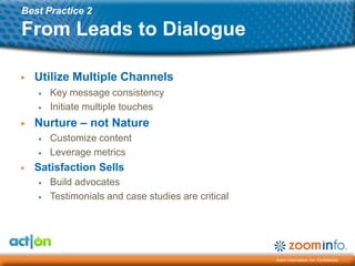 Best Practice 2

From Leads to Dialogue

▶   Utilize Multiple Channels
    ▶   Key message consistency
    ▶   Initiate multiple touches
▶   Nurture – not Nature
    ▶   Customize content
    ▶   Leverage metrics
▶   Satisfaction Sells
    ▶   Build advocates
    ▶   Testimonials and case studies are critical




                                                     Zoom Information, Inc. Confidential
 