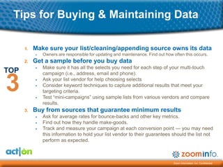 Tips for Buying & Maintaining Data

      1.   Make sure your list/cleaning/appending source owns its data
           ▶   Owners are responsible for updating and maintenance. Find out how often this occurs.
      2.   Get a sample before you buy data
           ▶   Make sure it has all the selects you need for each step of your multi-touch
TOP            campaign (i.e., address, email and phone).


3          ▶

           ▶


           ▶
               Ask your list vendor for help choosing selects
               Consider keyword techniques to capture additional results that meet your
               targeting criteria.
               Test ―mini-campaigns‖ using sample lists from various vendors and compare
               results.
      3.   Buy from sources that guarantee minimum results
           ▶   Ask for average rates for bounce-backs and other key metrics.
           ▶   Find out how they handle make-goods.
           ▶   Track and measure your campaign at each conversion point — you may need
               this information to hold your list vendor to their guarantees should the list not
               perform as expected.



                                                                                 Zoom Information, Inc. Confidential
 