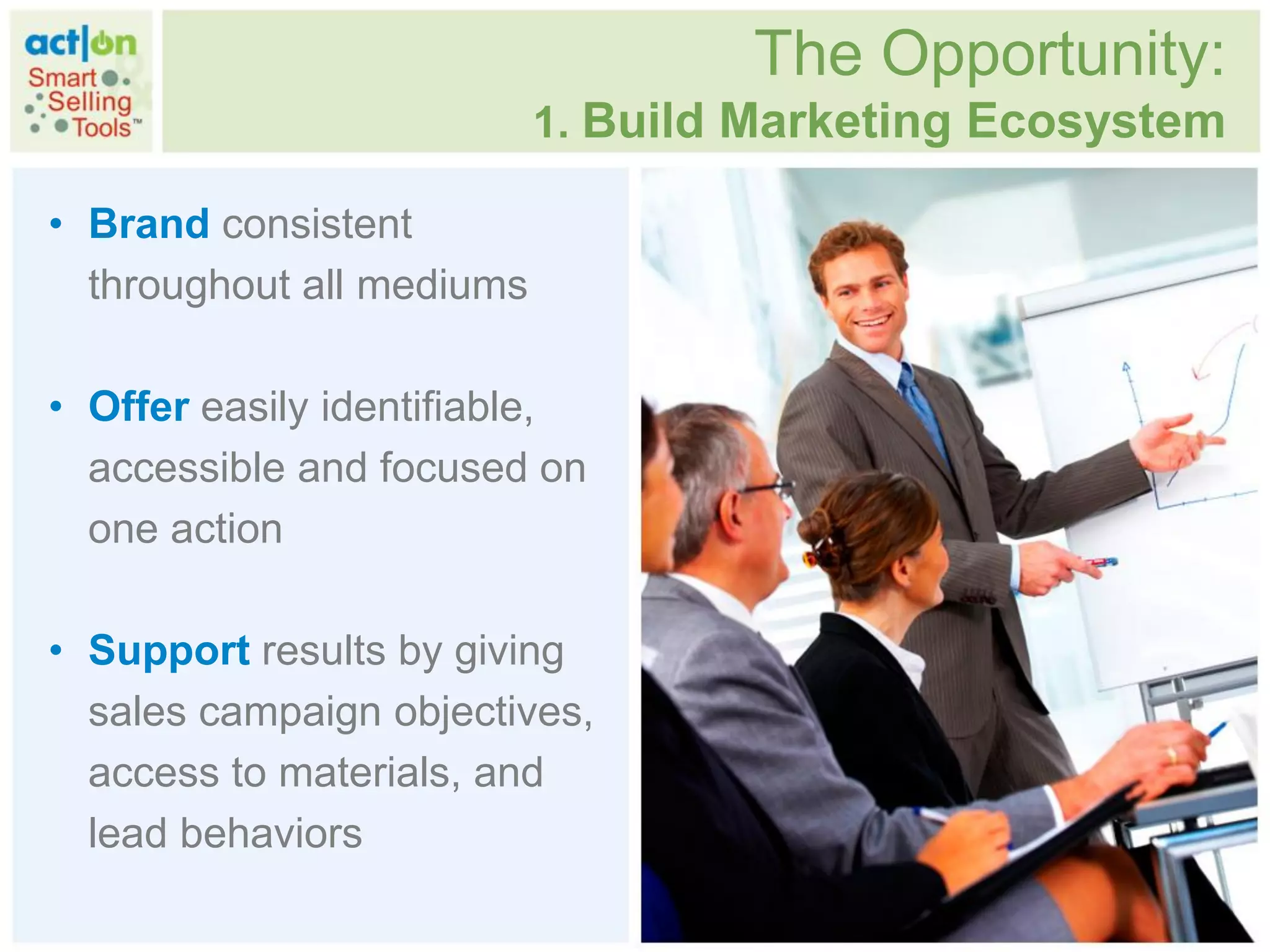 The Opportunity:
                           1. Build Marketing Ecosystem

• Brand consistent
  throughout all mediums

• Offer easily identifiable,
  accessible and focused on
  one action

• Support results by giving
  sales campaign objectives,
  access to materials, and
  lead behaviors
 