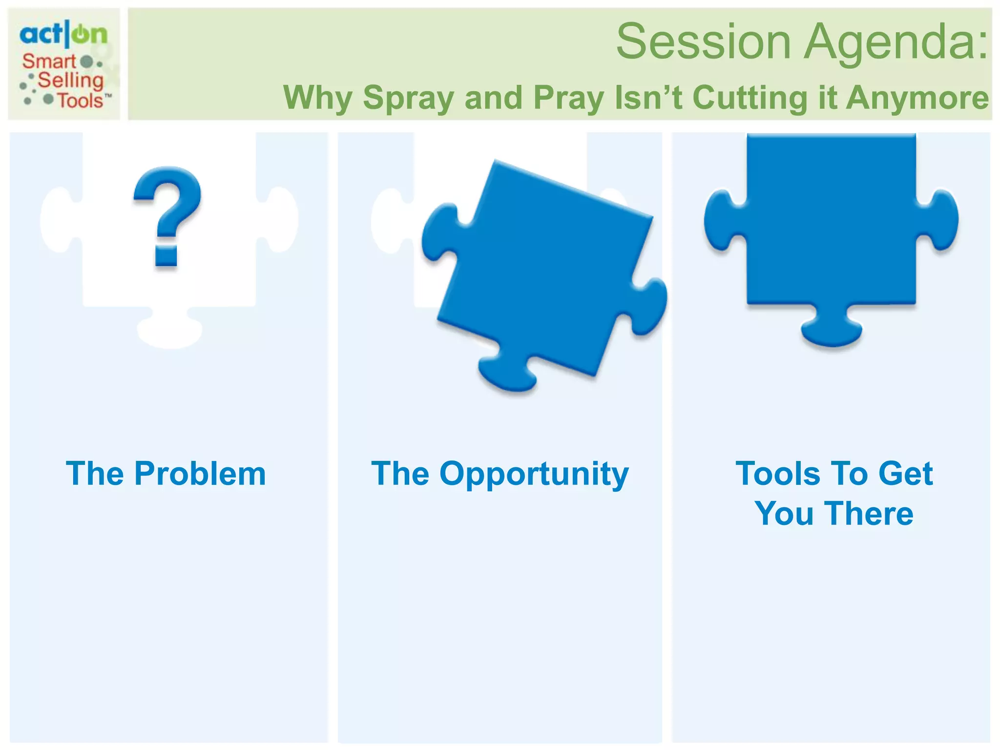 Session Agenda:
              Why Spray and Pray Isn’t Cutting it Anymore




The Problem        The Opportunity       Tools To Get
                                          You There
 