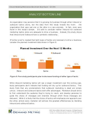 ANALYST BOTTOM LINE
An organization may perceive that it is growing its business through either inbound or
outbound tactics alone, but the data from this study reveals the truth: the
organization that uses just one or the other is a rare anomaly. In fact, none were
found in this study’s sample. It’s safe to conclude neither inbound nor outbound
marketing tactics alone are adequate to drive a business. Instead, this study shows
that Inbound and Outbound have a symbiotic relationship.
If further proof is needed that both types of tactics are necessary to drive a business,
consider the planned investment data shown in Figure 8.
Figure 8: Few study participants plan to decrease funding of either type of tactic.
While inbound marketing tactics will see a larger investment over the coming year,
study participants don’t indicate that funding will dry up for outbound tactics. This
study finds that any proclamations that outbound marketing is dead are simply
untrue. Inbound and outbound tactics both offer advantages. Marketers should strive
to first understand the audience they’re trying to reach, and develop personas to
guide the choice of messages and channels through which those messages are
delivered. While it is likely that the choice of tactics will emphasize one approach over
the other, almost every marketer will achieve the greatest effectiveness by blending
inbound and outbound tactics.
© 2016 Demand Metric Research Corporation. All Rights Reserved.
License our research to fuel your content marketing programs.
Contact us at info@demandmetric.com or +1 (866) 947-7744
14
58%
35%
7%
39%
46%
15%
More Same Less
Planned Investment Over the Next 12 Months
Inbound Outbound
Inbound Marketing Effectiveness Benchmark Study Report - Q2 2016
 