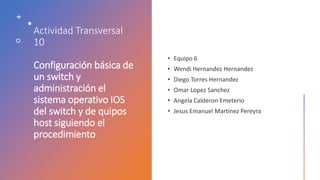 Actividad Transversal
10
Configuración básica de
un switch y
administración el
sistema operativo IOS
del switch y de quipos
host siguiendo el
procedimiento
 