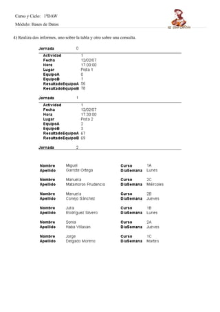 Curso y Ciclo: 1ºDAW 
Módulo: Bases de Datos 
4) Realiza dos informes, uno sobre la tabla y otro sobre una consulta. 
