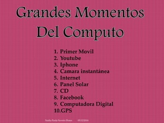 05/12/2016Nadia Paola Novelo Flores
1. Primer Movil
2. Youtube
3. Iphone
4. Camara instantánea
5. Internet
6. Panel Solar
7. CD
8. Facebook
9. Computadora Digital
10.GPS
 