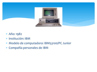  Año: 1982
Institución: IBM
Modelo de computadora: IBM53100/PC Junior
Compañía personales de IBM