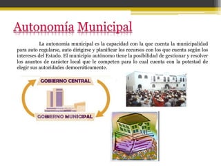La autonomía municipal es la capacidad con la que cuenta la municipalidad
para auto regularse, auto dirigirse y planificar los recursos con los que cuenta según los
intereses del Estado. El municipio autónomo tiene la posibilidad de gestionar y resolver
los asuntos de carácter local que le competen para lo cual cuenta con la potestad de
elegir sus autoridades democráticamente.
 