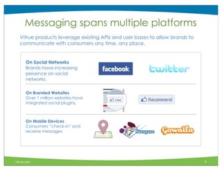 Messaging spans multiple platforms
  Vitrue products leverage existing APIs and user bases to allow brands to
  communicate with consumers any time, any place.


      On Social Networks
      Brands have increasing
      presence on social
      networks.

      On Branded Websites
      Over 1 million websites have
      integrated social plugins.



      On Mobile Devices
      Consumers “check-in” and
      receive messages.




vitrue.com                                                                   9
 