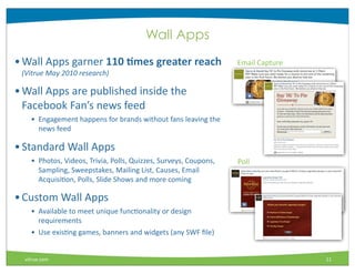 Wall Apps
• Wall	
  Apps	
  garner	
  110	
  /mes	
  greater	
  reach	
  	
  	
  	
  	
   Email	
  Capture
  (Vitrue	
  May	
  2010	
  research)	
  

• Wall	
  Apps	
  are	
  published	
  inside	
  the	
  
  Facebook	
  Fan’s	
  news	
  feed
      • Engagement	
  happens	
  for	
  brands	
  without	
  fans	
  leaving	
  the	
  
        news	
  feed

• Standard	
  Wall	
  Apps
      • Photos,	
  Videos,	
  Trivia,	
  Polls,	
  Quizzes,	
  Surveys,	
  Coupons,	
     Poll
        Sampling,	
  Sweepstakes,	
  Mailing	
  List,	
  Causes,	
  Email	
  
        AcquisiMon,	
  Polls,	
  Slide	
  Shows	
  and	
  more	
  coming

• Custom	
  Wall	
  Apps
      • Available	
  to	
  meet	
  unique	
  funcMonality	
  or	
  design	
  
        requirements
      • Use	
  exisMng	
  games,	
  banners	
  and	
  widgets	
  (any	
  SWF	
  ﬁle)


   vitrue.com                                                                                      11
 