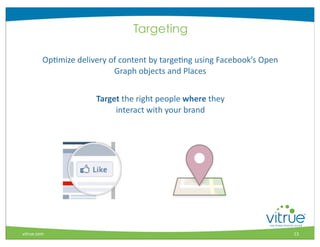 Targeting

         OpMmize	
  delivery	
  of	
  content	
  by	
  targeMng	
  using	
  Facebook’s	
  Open	
  
                                 Graph	
  objects	
  and	
  Places


                             Target	
  the	
  right	
  people	
  where	
  they	
  
                                  interact	
  with	
  your	
  brand	
  




                                                                                                          ®



vitrue.com                                                                                           13
 