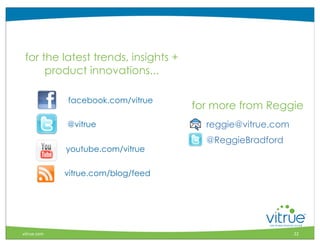 for the latest trends, insights +
      product innovations...

             facebook.com/vitrue
                                     for more from Reggie
             @vitrue                   reggie@vitrue.com
                                       @ReggieBradford
             youtube.com/vitrue

             vitrue.com/blog/feed



                                                                ®



vitrue.com                                                 22
 