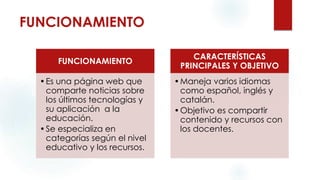 FUNCIONAMIENTO
• Analiza su funcionamiento
características principales y objetivo.
Identifica 3 ventajas y desventajas de cada uno.
Explica e ilustra tus ideas.
FUNCIONAMIENTO
•Es una página web que
comparte noticias sobre
los últimos tecnologías y
su aplicación a la
educación.
•Se especializa en
categorías según el nivel
educativo y los recursos.
CARACTERÍSTICAS
PRINCIPALES Y OBJETIVO
•Maneja varios idiomas
como español, inglés y
catalán.
•Objetivo es compartir
contenido y recursos con
los docentes.
 
